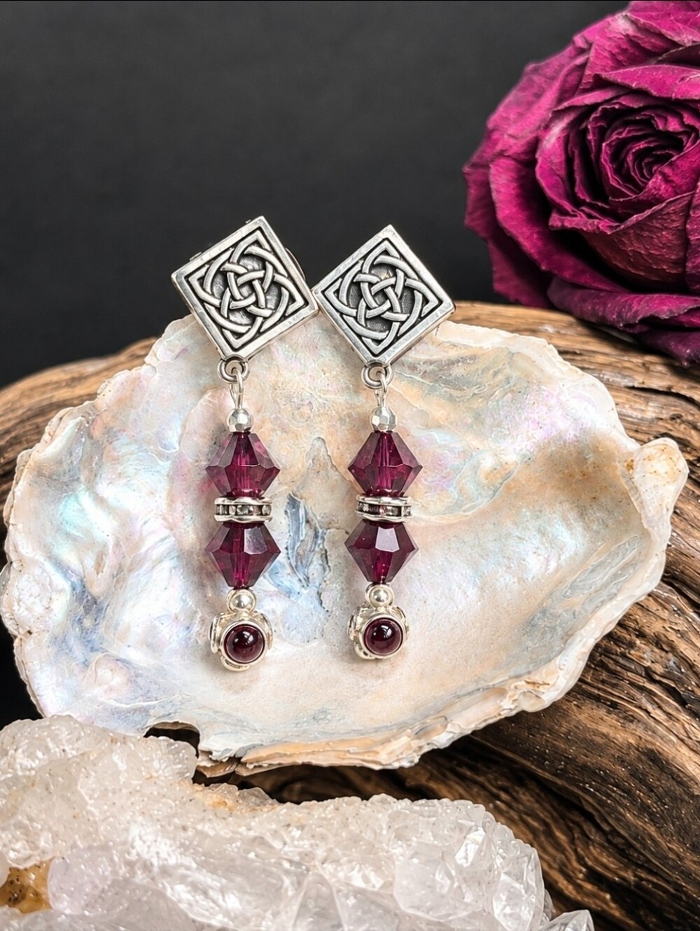 Handmade Celtic Knot Garnet & Swarovski Crystal Dangle Earrings